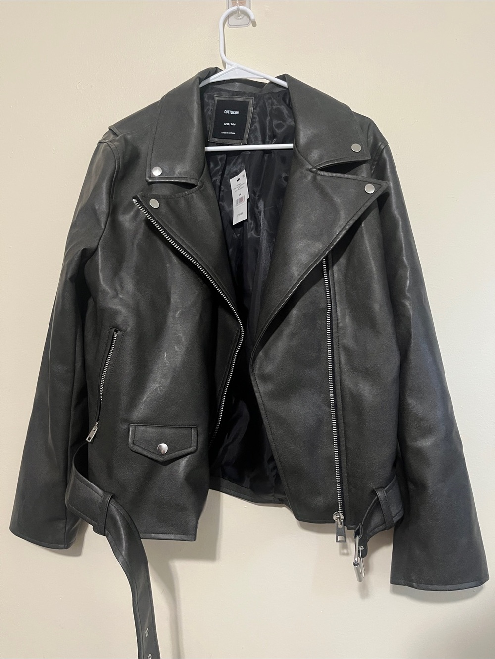Cotton On Black Faux Leather Moto Jacket with Belt